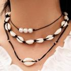 Faux Pearl Shell Layered String Necklace Nl114 - Black - One Size