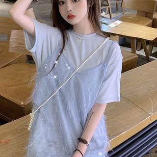 Set: Short-sleeve T-shirt Dress + Spaghetti-strap Fringe Midi Dress