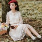 Long-sleeve Tie-waist Midi A-line Lace Dress