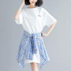 Set: Short-sleeve Mini T-shirt Dress + Plaid Cape