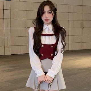Frill Trim Blouse / Double-breasted Vest / Mini Pleated Skirt