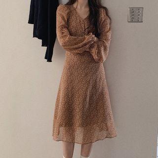 Single-breasted Blazer / Long-sleeve Flower Print Midi A-line Dress