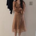 Single-breasted Blazer / Long-sleeve Flower Print Midi A-line Dress