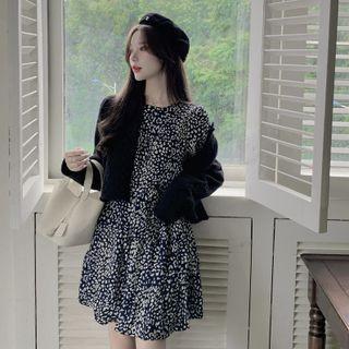 Cropped Cardigan / Floral Print Mini Dress