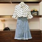 Set: Dotted Elbow-sleeve Chiffon Blouse + Frayed Hem A-line Denim Skirt