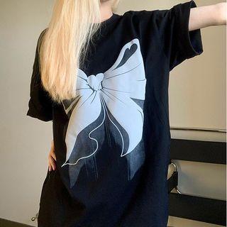 Short-sleeve Bow Print T-shirt Black - One Size
