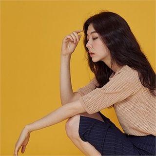 Elbow-sleeve Waffle-knit Top