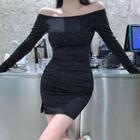 Off-shoulder Glitter Slit Mini Sheath Dress Black - One Size