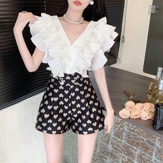 Cap-sleeve V-neck Ruffle Trim Blouse / Heart Print Shorts