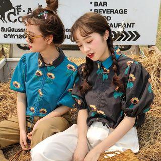Short-sleeve Drawstring Sunflower Blouse