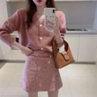 V-neck Cardigan / Floral Print A-line Skirt