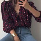 Balloon-sleeve Heart Print Blouse As Shown In Figure - One Size