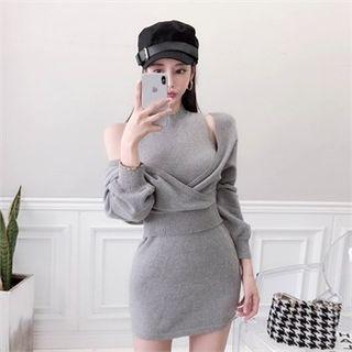 Set: V-neck Knit Top + Sleeveless Minidress Gray - One Size