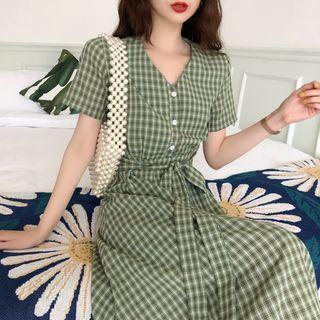 Plaid V-neck Midi Dress Green - One Size