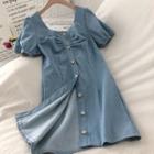 Square Neck Puff-sleeve Denim A-line Dress