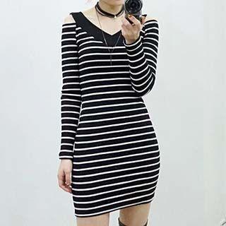 Long-sleeve Cutout-shoulder Stripe Sheath Dress