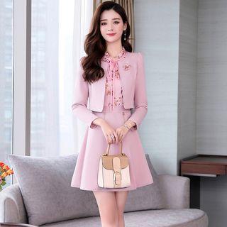 Set: Floral Print A-line Dress + Cropped Jacket
