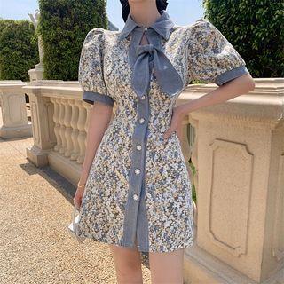 Elbow-sleeve Collar Floral Mini A-line Dress
