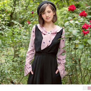 Knotted Collar Heart Print Long Sleeve Blouse