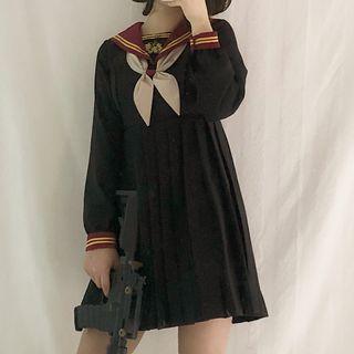 Long / Short-sleeve Sailor Collar Mini A-line Pleated Dress