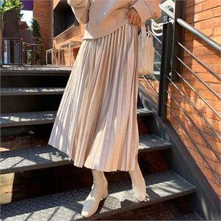 Band-waist Velvet Pleated Skirt Beige - One Size