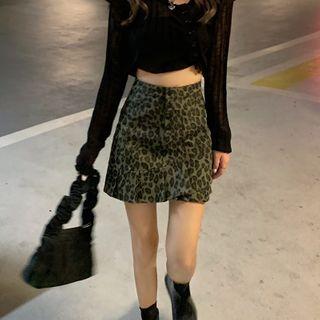 Leopard Print Mini A-line Denim Skirt