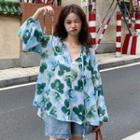 Long-sleeve Floral Printed Tie Neck Chiffon Top Green - One Size