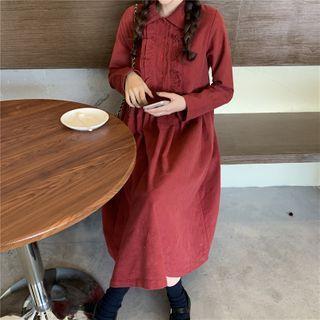 Plain Collared Midi A-line Dress Wine Red - One Size