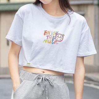 Short-sleeve Cartoon Print Applique Cropped T-shirt