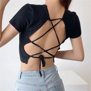 Short-sleeve Open Back Cross Strap Crop Top