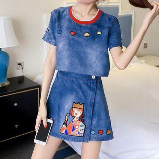 Set: Poker Applique Short Sleeve Denim T-shirt + A-line Skirt