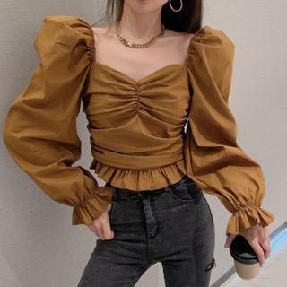 Shirred Ruffle Trim Cropped Blouse