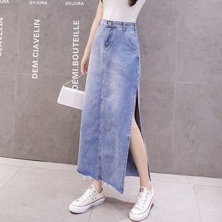 Washed Midi Slit A-line Denim Skirt