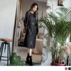 Slit-front Tie-waist Long Sleeve Dress