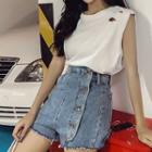 Set:plain Distressed Tank Top + Single-breasted High-waist Denim Shorts