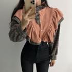 Long-sleeve Layered Collared Frill Trim Plaid Panel Corduroy Top