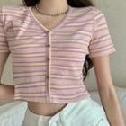 Short-sleeve Button-up Striped Cropped T-shirt