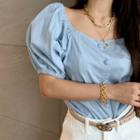 Puff-sleeve Chambray Blouse Light Blue - One Size
