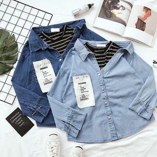 Striped Mock-two Loose-fit Long-sleeve Denim Shirt