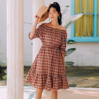 Plaid Lace Up Off-shoulder A-line Dress