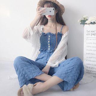 Spaghetti-strap Smocked Top / Wide-leg Pants / Light Jacket / Set