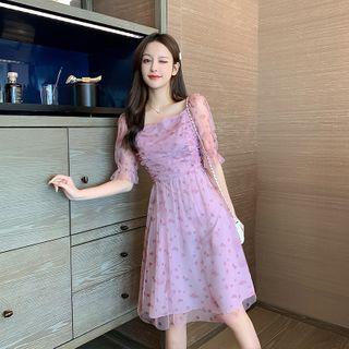 Puff-sleeve Floral Mesh A-line Dress