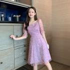 Puff-sleeve Floral Mesh A-line Dress