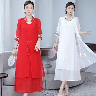 Set: Elbow-sleeve Long Shirt + Sleeveless Midi A-line Dress