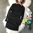 Buttoned Long-sleeve Knit Sheath Dress Black - One Size