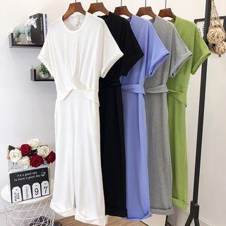 Short-sleeve Front Knot Wide-leg Jumpsuit