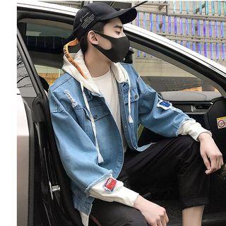 Buttoned Mock Two-piece Hooded Denim Jacket