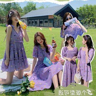 Square Collar Printed Bow Chiffon Dress