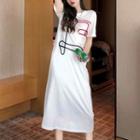 Short-sleeve Plain Crew-neck Loose-fit Print Midi Dress White - One Size