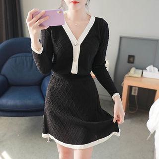 Set: Piped Metal-button Knit Cardigan + A-line Skirt